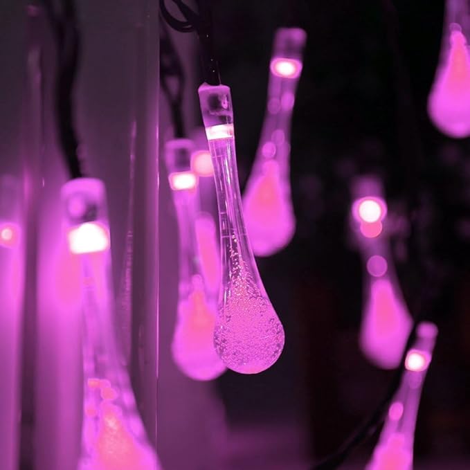 Solar String Light Outdoor Waterproof Solar Drop Lights,Water Drop Fairy Lights 13ft 20LEDs Solar Light with 8 Modes Solar Party Lights for Garden,Christmas Decorations (Pink)