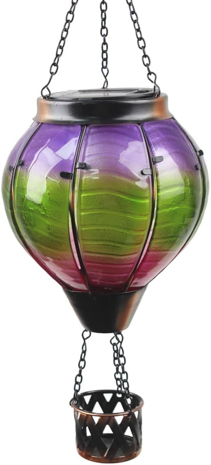 Hot Air Balloon Solar Lantern with Flickering Flame, Glass Outdoor Lantern Waterproof Hanging Lamp Decor for Patio, Porch, Garden(Green & Purple)