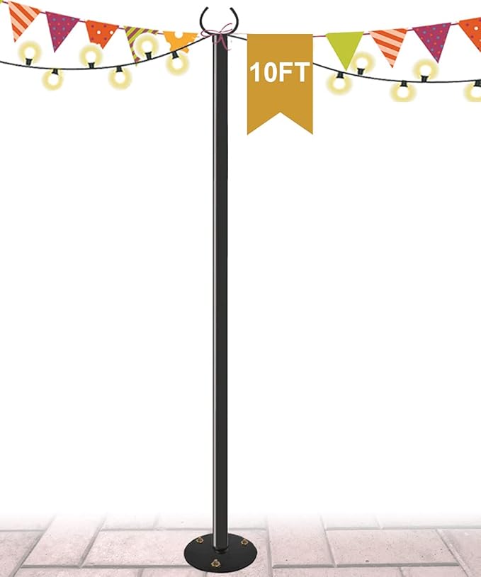 10 FT Outdoor String Light Pole Stand for Hard Ground, Adjustable Globe Patio Light Post for Hanging Outside Decorate Lighting, 1 Pack