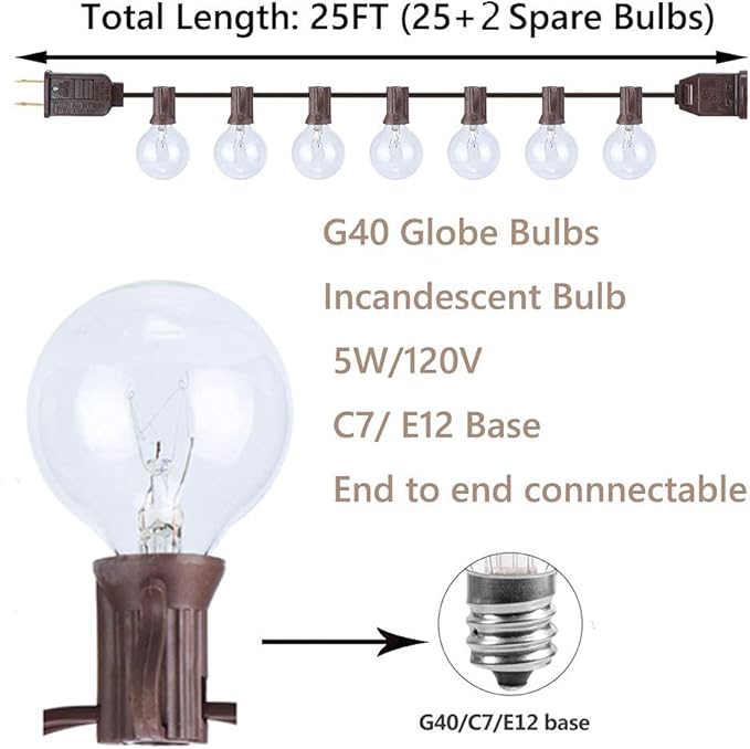 25ft Brown String Lights for Patio, Waterproof LED