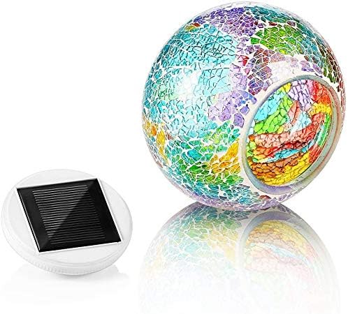 Solar Glass Ball Light Color Changing Mosaic Crackle Table Lamps Waterproof LED Night Light for Bedroom Yard Patio Christmas Decorations (Crackle Glass, Multi-Colored)