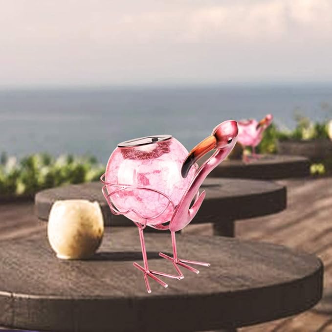 MUMTOP Flamingo Solar Light Outdoor Garden Decor, Solar Flamingo with Crackle Glass Globe Waterproof Tabletop Decorative Lights for Outside Patio Yard Decorations
