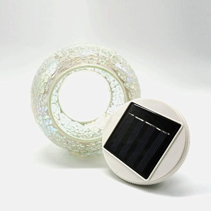 Solar Powered Color Changing Mosaic Crackle Glass Table Lamp - Waterproof LED Night Light for Bedroom, Yard, Patio, Halloween, Christmas Decorations (Crackle Glass, White)