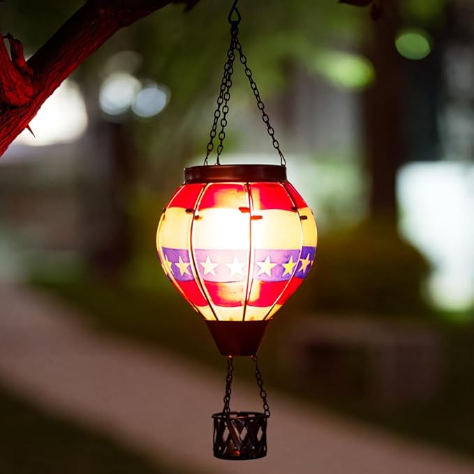 DREAMSOUL 2 PCS Flag Solar Hot Air Balloon Lantern with Flame, Hanging Waterproof Solar Lanterns Outdoor Waterproof Flag Day for Patio Garden Decor, Fourth of July Decorations