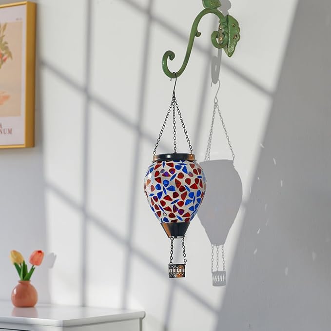 Mosica Hot Air Balloon Solar Lantern, Glass Hanging Solars Lanterns Outdoor Waterproof Decorative Solar Light for Garden, Yard, Patio Decor(Butterfly Pattern)