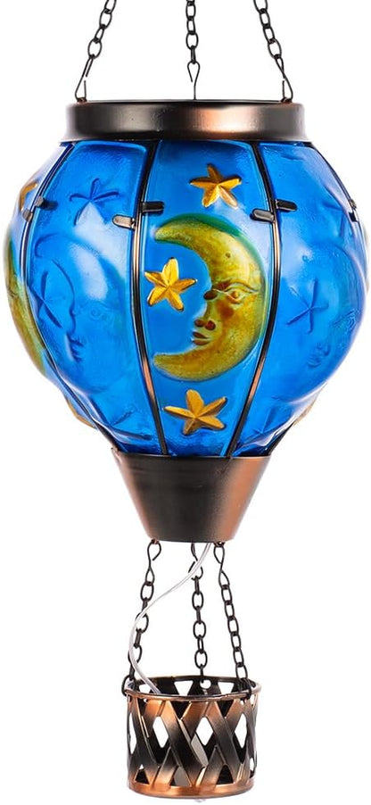 Moon Pattern Hot Air Balloon Solar Lantern with Flickering Flame , Hanging Outdoor Lantern Light Glass Waterproof Decor for Patio, Porch, Garden
