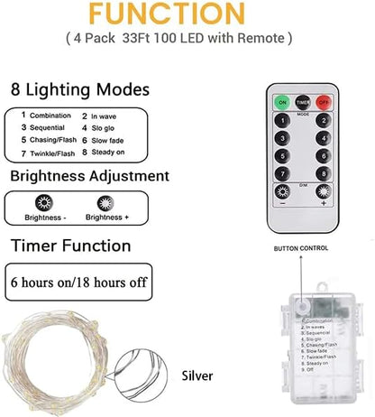 6-Pack 100 LED Christmas Twinkle Lights, 33ft Waterproof for Yard