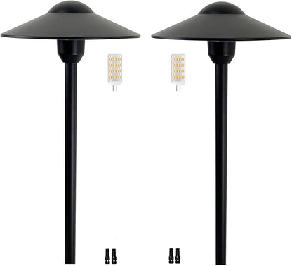 Low Voltage Pathway Lights,Cast Aluminum Landscape Lighting Path Light Garden Driveway Walkway Lighting 12-24V Replaceable G4 LED Bulb Wire Connectors Included 2-Pack Black Finish Round Hat