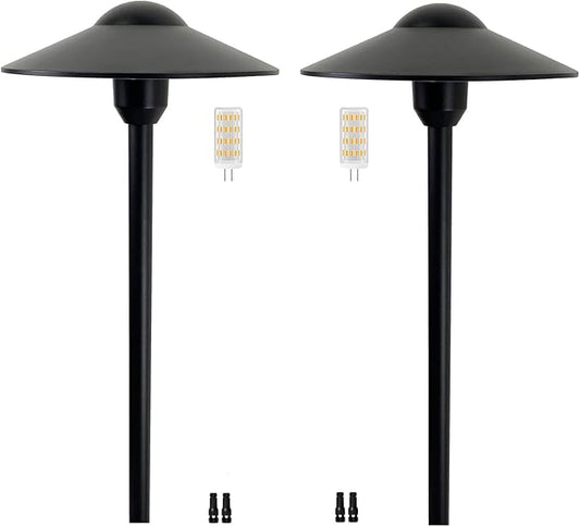Low Voltage Pathway Lights,Cast Aluminum Landscape Lighting Path Light Garden Driveway Walkway Lighting 12-24V Replaceable G4 LED Bulb Wire Connectors Included 2-Pack Black Finish Round Hat