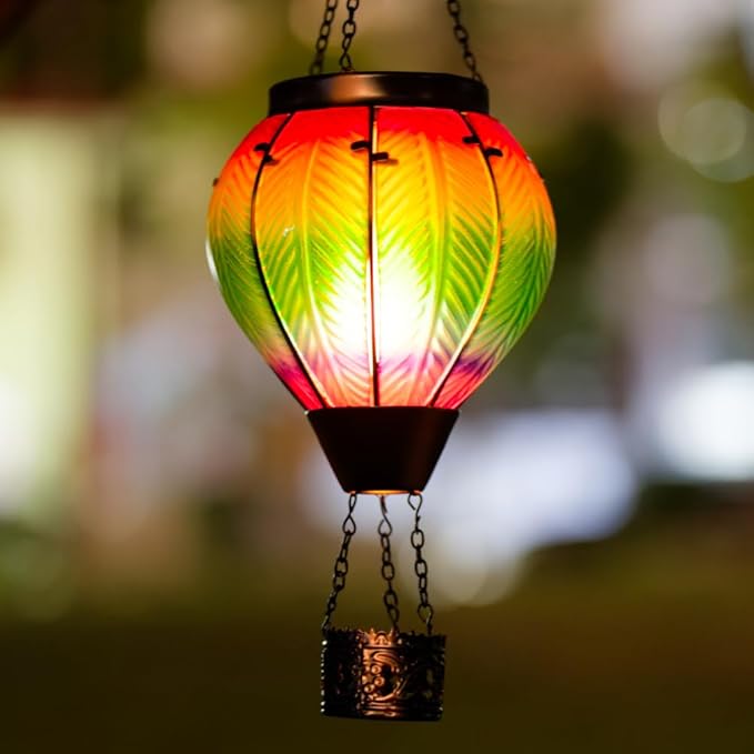 Starsoul Hot Air Balloon Solar Lantern with Flickering Flame Light Colorful Glass Hot Air Balloon Solar Light Waterproof Outdoor Hanging Solar Lantern for Yard Garden Patio Farmhouse Decor