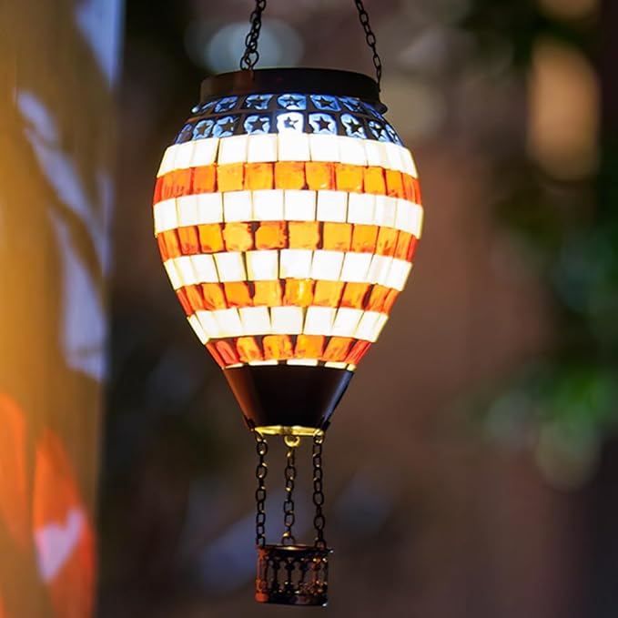Flag Hot Air Balloon Solar Lantern, Mosica Glass Hanging Solar Lanterns Outdoor Waterproof for Garden, Yard, Patio Decor