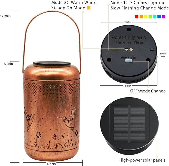 7 Color Variations Solar Lanterns Outdoor, Waterproof Hummingbird Garden Decor, LED Hanging Lights Metal Decor for Yard, Patio, Porch, Lawn, Tabletop - Perfect Christmas Gift for Women, Mom, Grandma