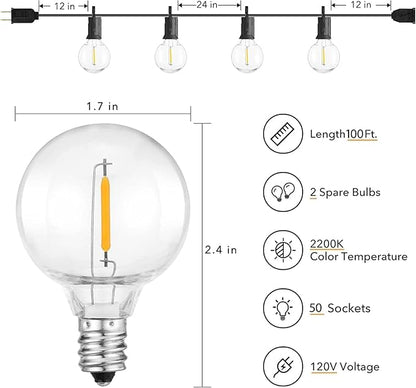 Brightown Outdoor String Lights, 100FT 50+2 G40 Bulbs Shatterproof Patio Lights, IP65 Waterproof Dimmable Hanging Connectable Globe LED Outdoor Lights for Backyard, Bistro, Porch, Deck, Balcony