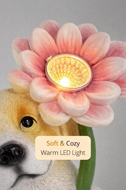 Solar Dog Garden Statue with LED Flower – Hand-Painted Resin Puppy Figurine, Solar Powered Outdoor Garden Decor, Auto On/Off Yard Light Gift (Puppy)