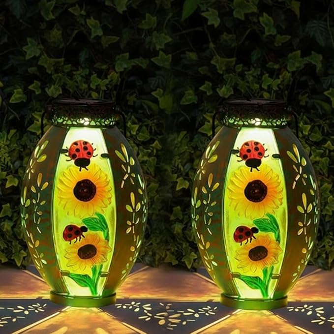 STARSOUL 2 Pack Solar Lantern Outdoor Waterproof, Hanging Solar Lantern for Patio Garden Yard Decor, Sunflower Garden Decor, Sunflower Gift for Women