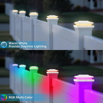 Solar Post Cap Lights Outdoor with RGB Color Changing - 6 Pack White Fence Post Solar Powered Lights IP65 Waterproof Fits for 5x5 5.5x5.5 Vinyl Posts, Decorating Yard Deck Fence Patio