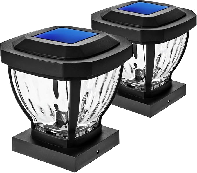Home Zone Security Solar Post Cap Lights - Decorative Glass LED Outdoor Fits 3.5 x 3.5 in. Post Lights, Black (2-Pack)