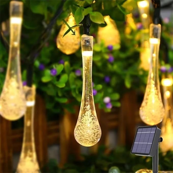 Solar String Light Outdoor Waterproof Solar Drop Lights,Water Drop Fairy Lights 13ft 20LEDs Solar Light with 8 Modes Solar Party Lights for Garden,Christmas Decorations (20ft 30LED Warm)