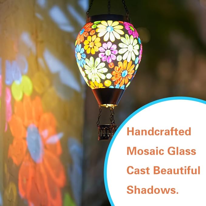 Starsoul Mosaic Flowers Hot Air Balloon Solar Lantern Glass Outdoor Hanging Hot Air Balloon Solar Flickering Flame Light Waterproof Garden Patio Yard Party Decorations Gifts for Women