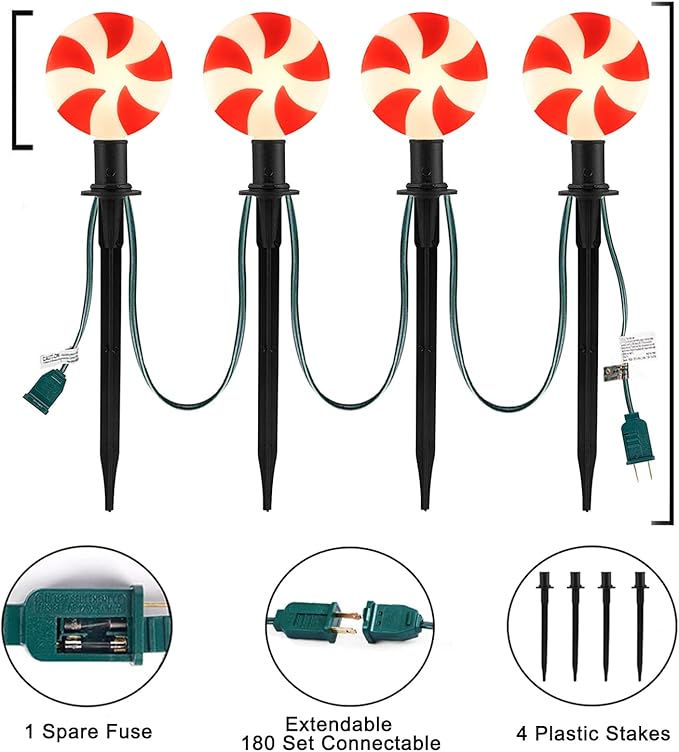 Outdoor Lollipop Christmas Pathway String Lights, 7 Feet C9 Christmas Yard Candy Shape Decorations Driveway Markers Stake Lights, Connectable Garden Markers Light for Outdoor Walkway Decor