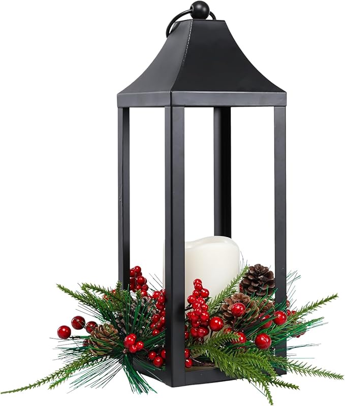 Christmas Lantern 16.2" Metal Outdoor Large Christmas Lanterns with LED Flameless Candle Hanging Lantern, Decorative Hanging Lanterns for Xmas Table Centerpieces, Front Porch, Indoor, Black