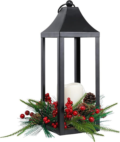 Christmas Lantern 16.2" Metal Outdoor Large Christmas Lanterns with LED Flameless Candle Hanging Lantern, Decorative Hanging Lanterns for Xmas Table Centerpieces, Front Porch, Indoor, Black