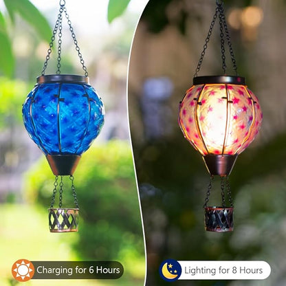 Solar Hot Air Balloon Lantern with Flame,Glass Solar Hanging Lights Outdoor Waterproof,Hot Air Balloon Solar Blue Star Lamp Decorative for Lawn Porch Tree Yard
