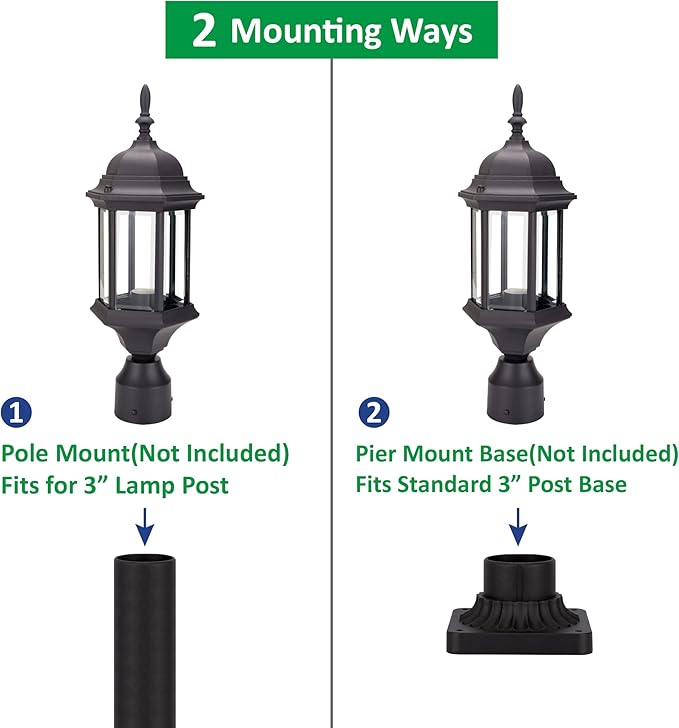 LIT-PaTH Outdoor Post Lighting Fixture Pole Lantern, E26 Medium Base Max 60W, Aluminum Housing Plus Glass, 1-Pack, Black Finish