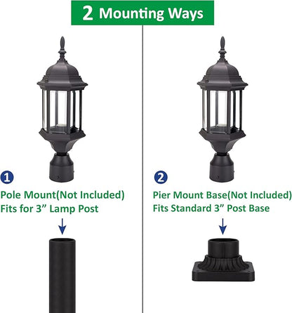 LIT-PaTH Outdoor Post Lighting Fixture Pole Lantern, E26 Medium Base Max 60W, Aluminum Housing Plus Glass, 1-Pack, Black Finish