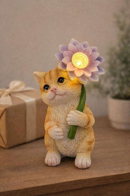 Solar Cat Garden Statue with LED Flower for Mom Woman – 6.5‘’ Hand-Painted Resin Outdoor Kitten Figurine, Automatic Night Light, Yard Patio Lawn Decor (Kitten)