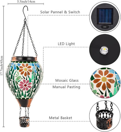 Mosica Hot Air Balloon Solar Lantern, Flower Pattern Glass Hanging Solars Lanterns Outdoor Waterproof Decorative Solar Light for Garden, Yard, Patio Decor