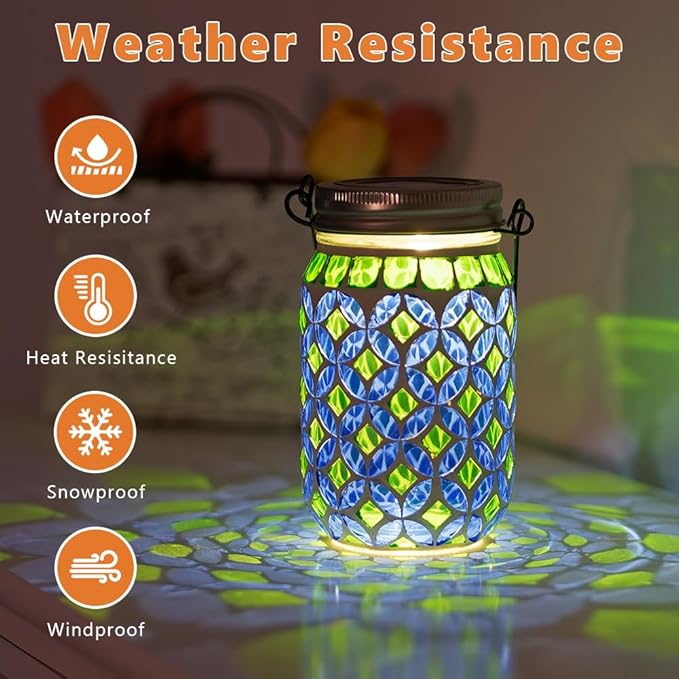 Stargarden Mosaic Solar Lantern , Outdoor Hanging Lantern Waterproof Table Lamp Mosaic Night Light for Tree, Garden, Patio, Yard, Outdoor(Blue Green)