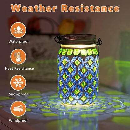 Stargarden 4 Pack Mosaic Solar Lantern , Outdoor Hanging Lantern Waterproof Table Lamp Mosaic Night Light for Tree, Garden, Patio, Yard, Outdoor(Blue Green)