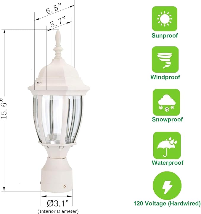LIT-PaTH LED Outdoor Post Lighting Fixture, Pole Lantern, 9.5W 800 Lumens, 3000K Warm White, Aluminum Housing Plus Glass, Matte White Finish, 2-Pack