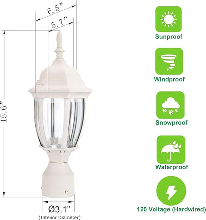LIT-PaTH LED Outdoor Post Lighting Fixture, Pole Lantern, 9.5W 800 Lumens, 5000K Daylight White, Aluminum Housing Plus Glass, Matte White Finish, 1-Pack