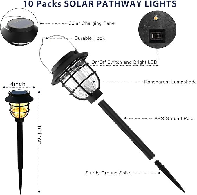 10-Pack Solar Path Lights, Outdoor Driveway LED
