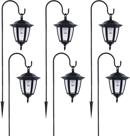 Dynaming 6 Pack Solar Hanging Lights Outdoor, Solar Powered Garden Decorative Lanterns with 6 x 38 Inch Shepherd Hooks, Waterproof Landscape Lighting for Lawn Patio Yard Pathway Driveway, Warm White