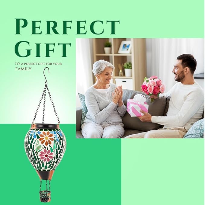 Mosica Hot Air Balloon Solar Lantern, Flower Pattern Glass Hanging Solars Lanterns Outdoor Waterproof Decorative Solar Light for Garden, Yard, Patio Decor