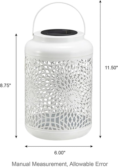 Glitzhome Solar Lantern White Metal Cutout Scrollwork Outdoor Hanging Solar Light with Handle for Garden Patio Yard Outdoor Decor