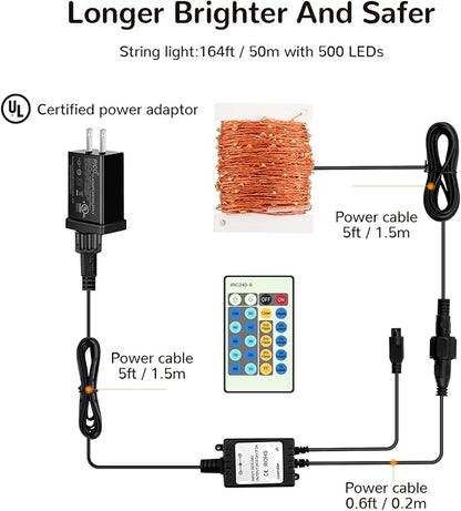 Christmas Fairy Lights, 164ft 500 LED Battery Twinkle Lights