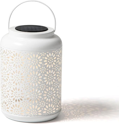 Glitzhome Solar Lantern White Metal Cutout Flower Outdoor Hanging Solar Light with Handle for Garden Patio Yard Outdoor Decor