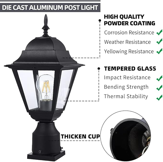 Outdoor Post Light,Waterproof Cast Aluminium Lamp Post Light Fixture,Post Lantern with Pier Mount Base,Matte Black,16.5in,Suitable for Garden,Yard,Driveway,etc