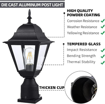 Outdoor Post Light,Waterproof Cast Aluminium Lamp Post Light Fixture,Post Lantern with Pier Mount Base,Matte Black,16.5in,Suitable for Garden,Yard,Driveway,etc