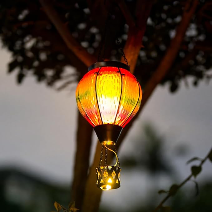 DREAMSOUL 2 PCS Solar Hot Air Balloon Lantern with Flame, Glass Hanging Solar Lanterns Outdoor Waterproof for Lawn Patio Porch Decor