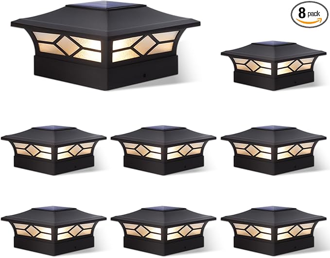 Solar Post Cap Lights Outdoor 8pack, Waterproof Solar Powered Deck Fence Post Lights for 4x4 Wood/Vinyl Posts, Solar Outdoor LED Light with Cool/Warm Lighting (Black, 8pack)