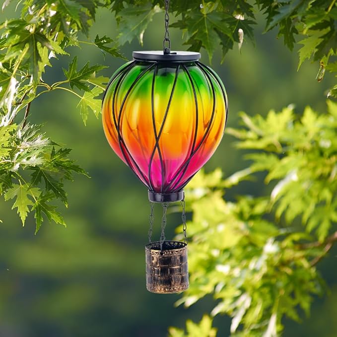 2PCS Colorful Solar Hot Air Balloon Lanterns with Flickering Flame LED Glass Hot Air Balloon Solar Lanterns Outdoor Waterproof Hanging Lights for Yard Garden Decor Mother Day Gifts for Women