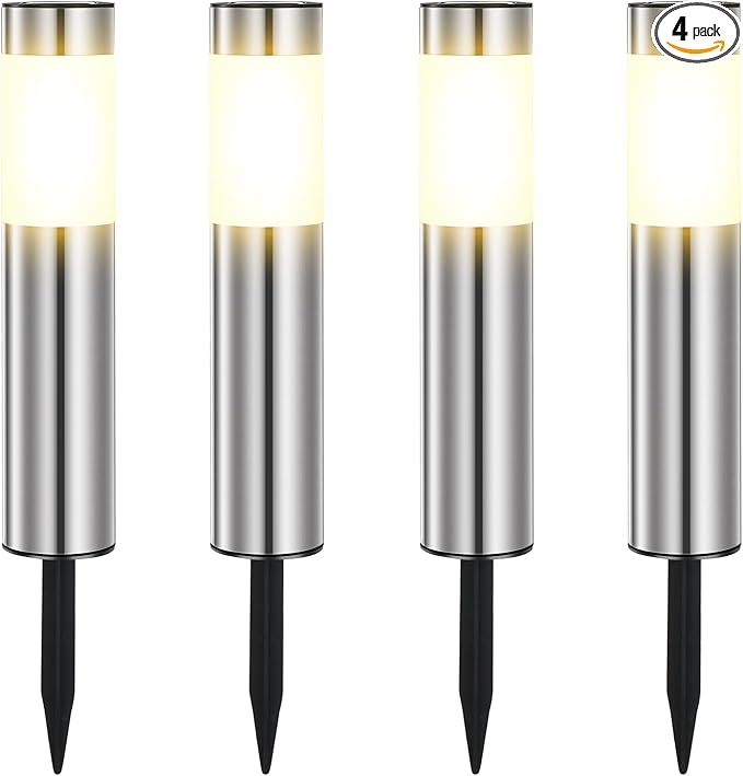 4 Pack Solar Pathway Lights Outdoor, Solar Walkway Lights with Polished Stainless Steel Layer, IP45 Waterproof Outdoor Solar Lights for Garden Yard Landscape Driveway Patio Deco