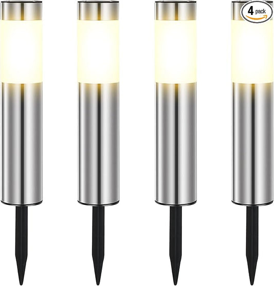 4 Pack Solar Pathway Lights Outdoor, Solar Walkway Lights with Polished Stainless Steel Layer, IP45 Waterproof Outdoor Solar Lights for Garden Yard Landscape Driveway Patio Deco