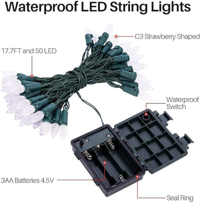 Battery Operated String Lights - 18ft 50 LED C3 String Lights Christmas Lights Battery Powered String Lights for Indoor Outdoor Christmas Tree Wreath Party Decoration, Waterproof, Warm White