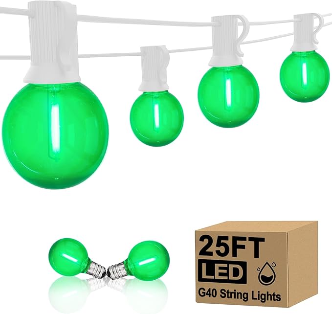 25Ft G40 LED Outdoor Globe String Lights, Outdoor St. Patrick's Day Decorations Lights with 27 Shatterproof Green Bulbs, Hanging Patio Light Waterproof for Irish-themed Party Backyard Garden Wedding